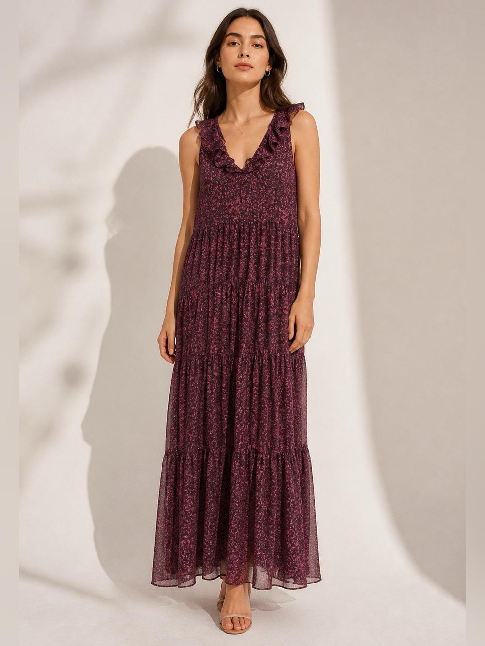 Chelsea28 Plum Floral Ruffle-Shoulder Maxi Dress